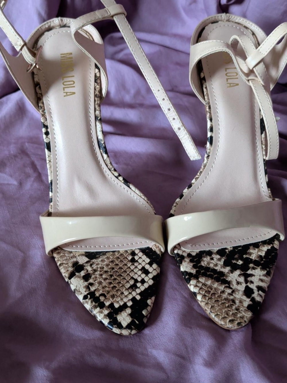 Miss Lola Cream Ankle-Strap Heels with Snakeskin Print